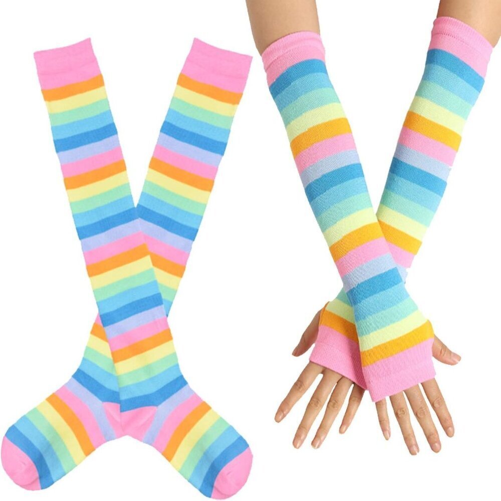 Rainbow Striped Knee High Socks Fingerless Gloves Set Women Girls Costume